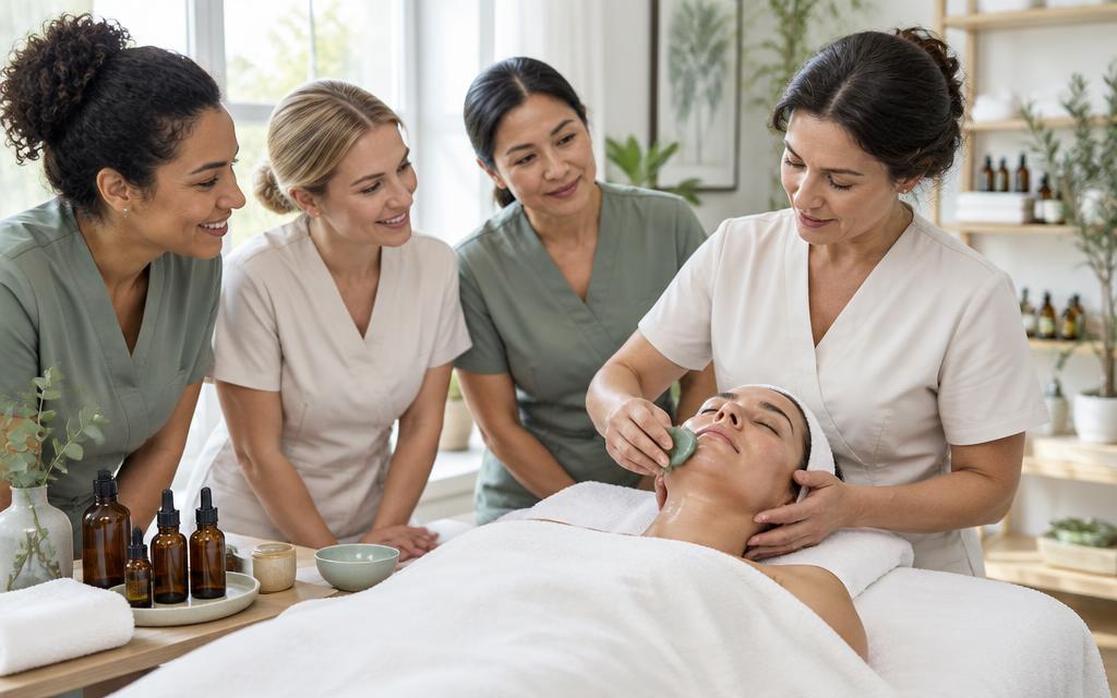 Propuesta visual de profesionales de estética compartiendo una demostración de un ritual facial